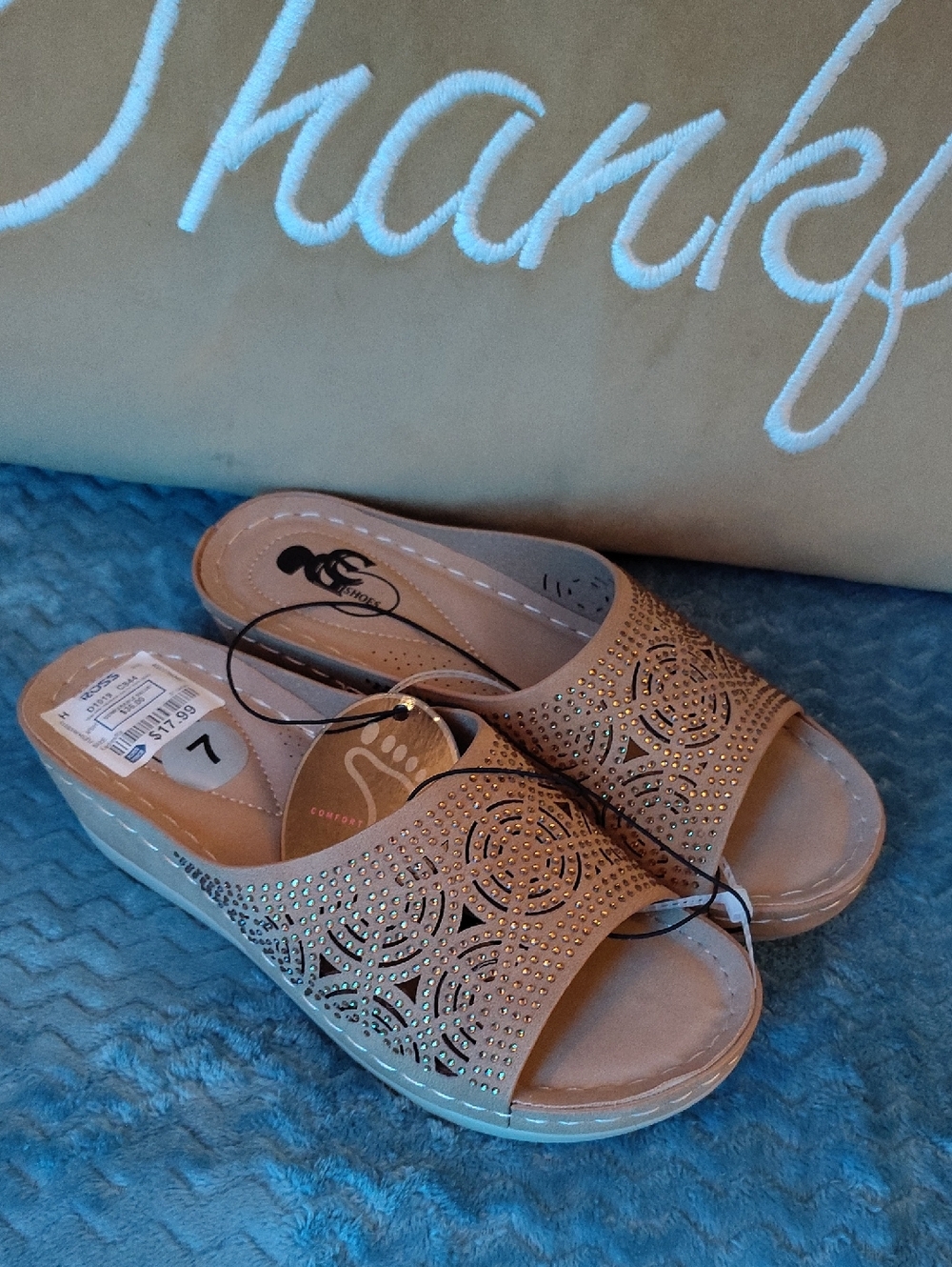 comfort plus by Predictions Taupe Rhinestone Cutout Wedge Mules